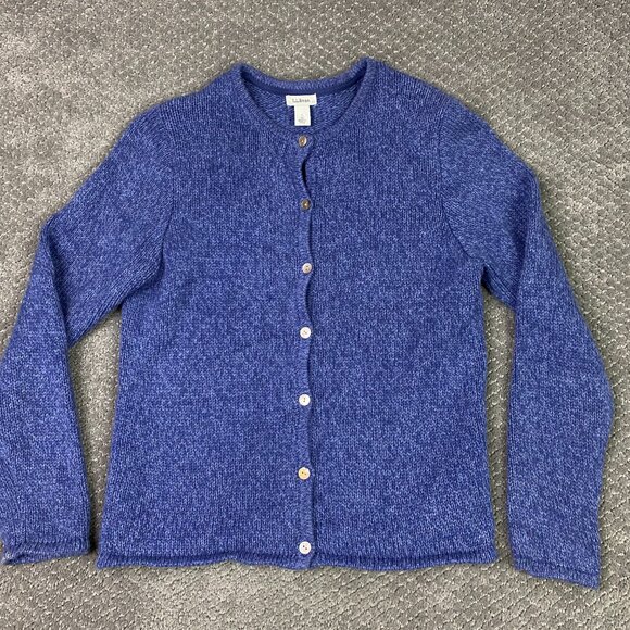 LL Bean Cardigan Sweater Women's Small Blue Marled Cotton Knit 245208 - Picture 1 of 9